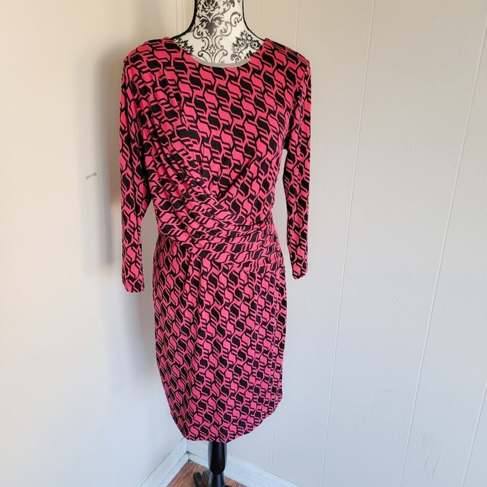 Michael Kors Pink and Black Geometric Long Sleeve Midi Dress